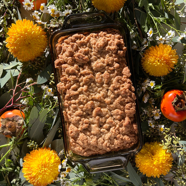 Cinnamon Herbal Coffee Cake recipe photographed with persimmons 