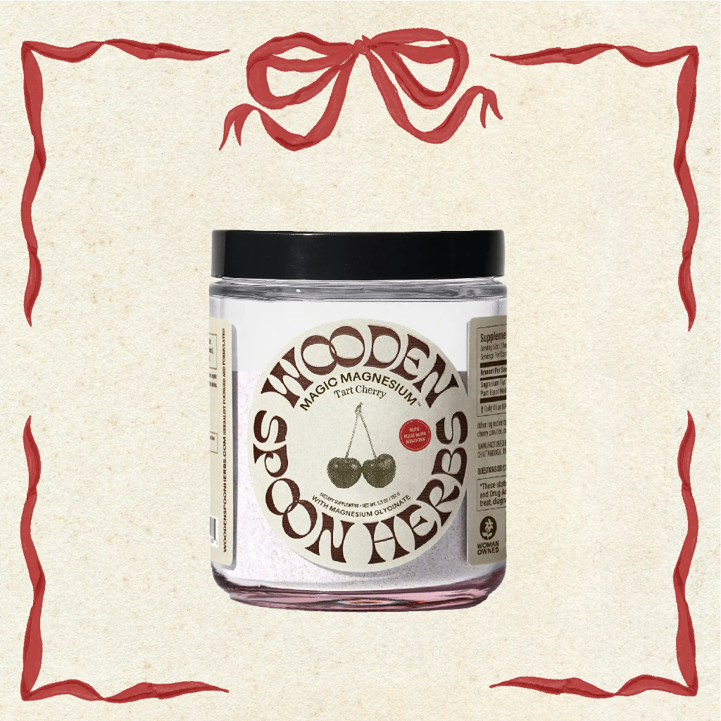 Jar of Wooden Spoon Herbs Mag in Tart Cherry on a decorative background