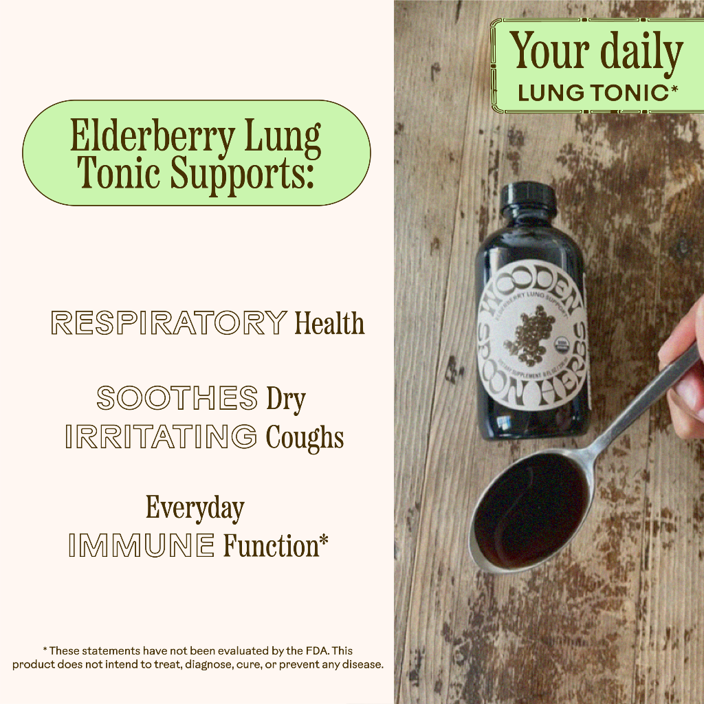 Elderberry Lung Tonic bottle with a spoon on a wooden surface, accompanied by text about its benefits.