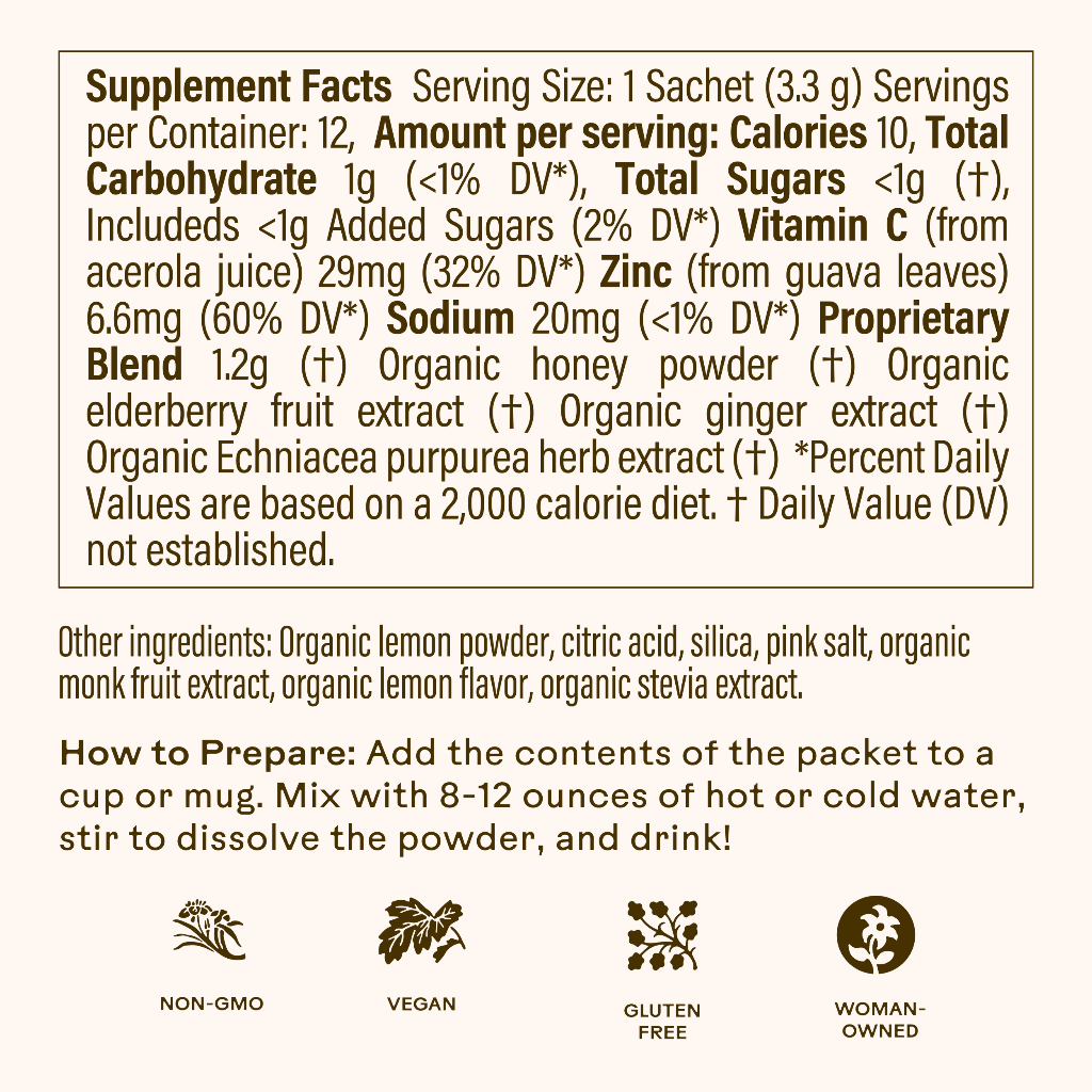 Supplement facts label for a powdered drink mix on a white background