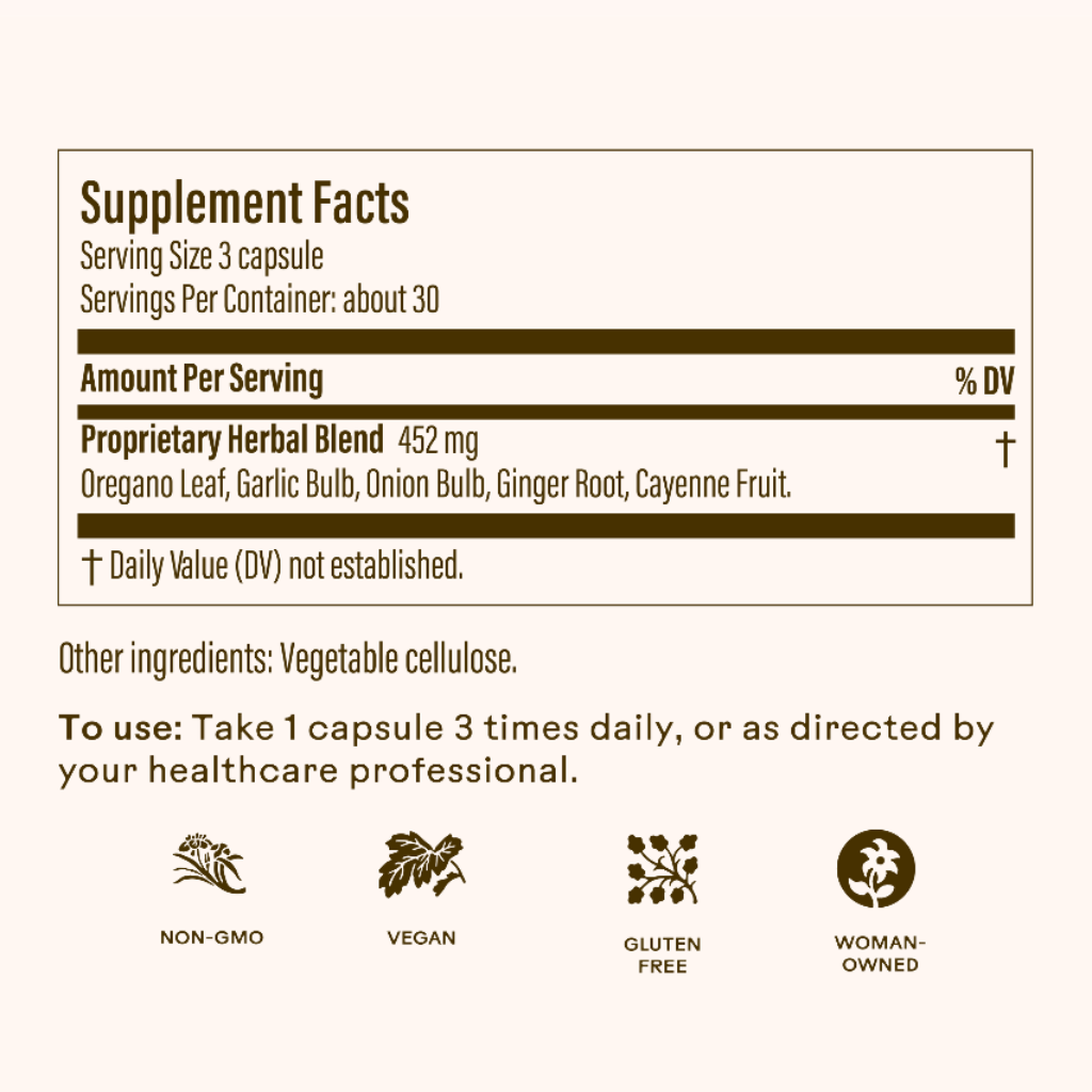 Supplement label with ingredient list and usage instructions on a white background