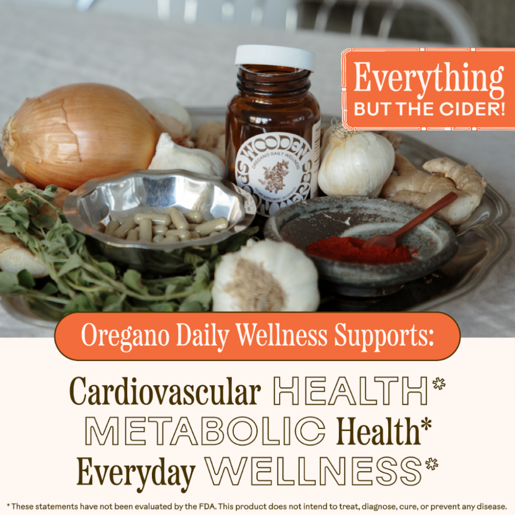 Spices and herbs on a plate with 'Everything But The Cider' branding and health benefits text.