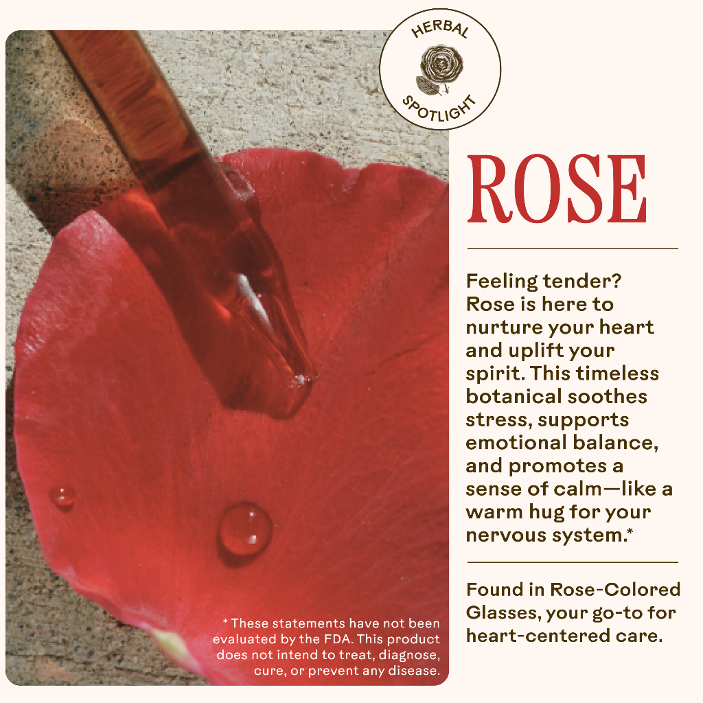 Red rose petal with a dropper of liquid and text about rose's benefits.
