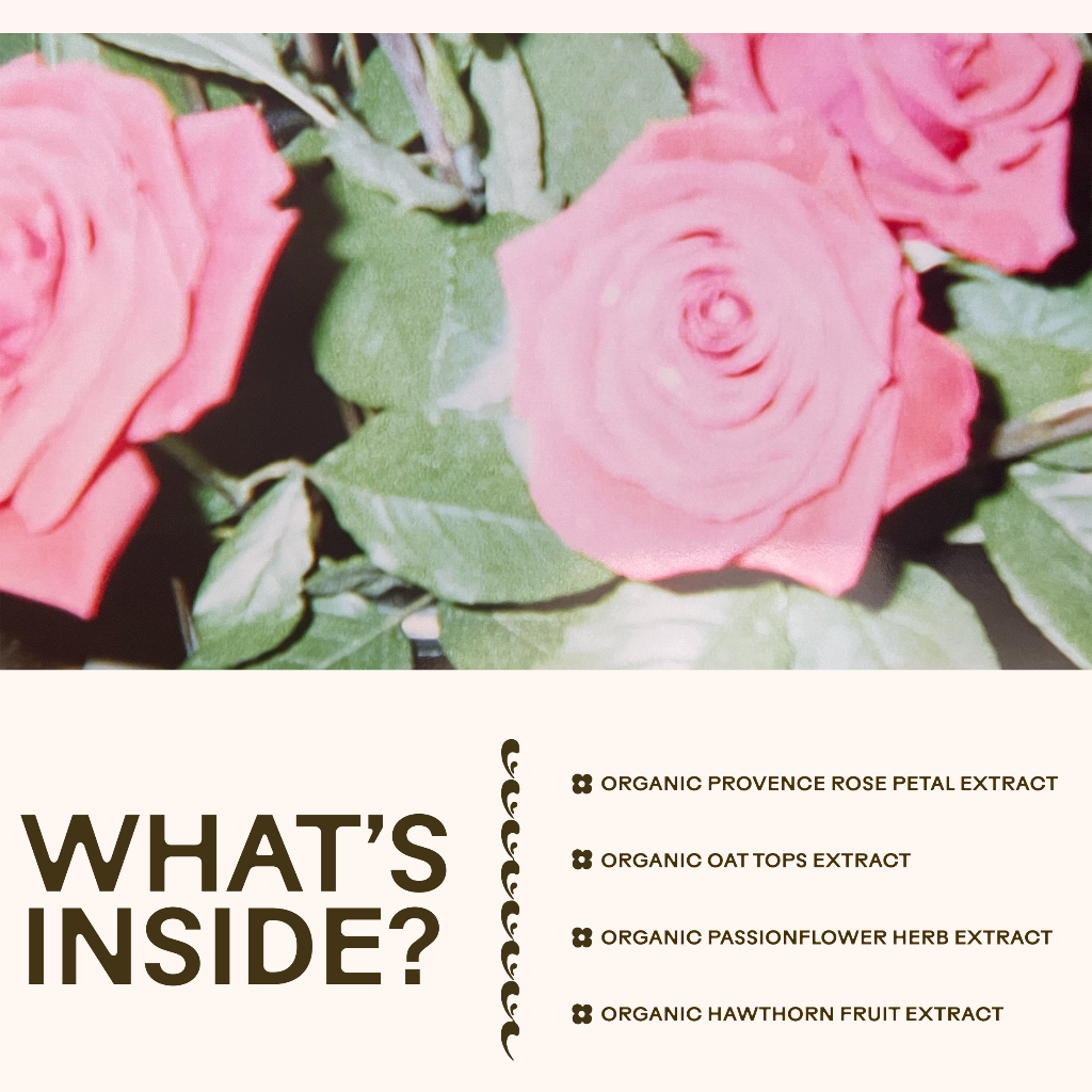 Product packaging with pink roses and a question about ingredients on a white background
