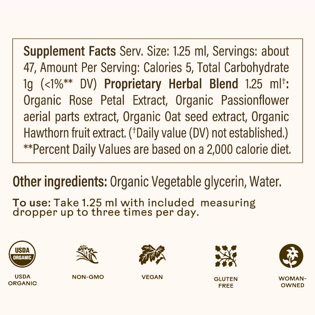 Supplement facts label with herbal blend and other ingredients on a white background
