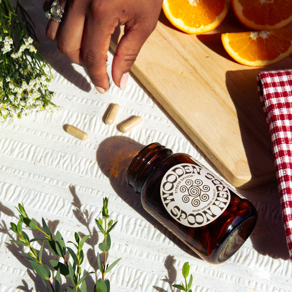 WSH Stress Savior Capsules on white linen background 