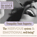 Tranquility Tonic with a black and white photo of a woman's face and text about its effects on the nervous system and emotional well-being.