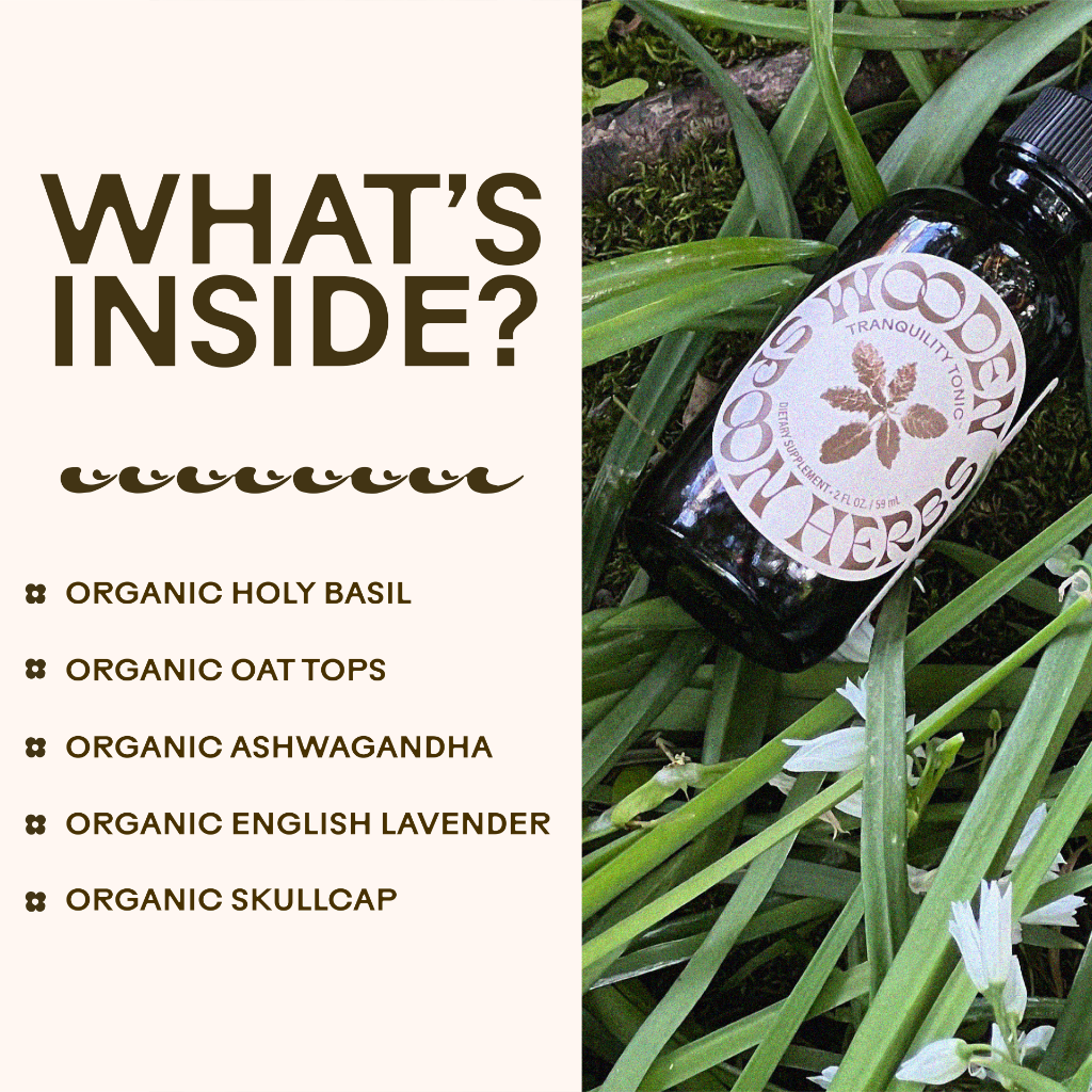 What's inside Tranquility Tonic? Graphic with Ingredients like Holy Basil, Oat Tops, Ashwagandha, and more.