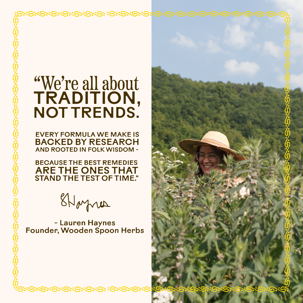 Woman in a field with a quote about tradition and herbs, framed by decorative elements.