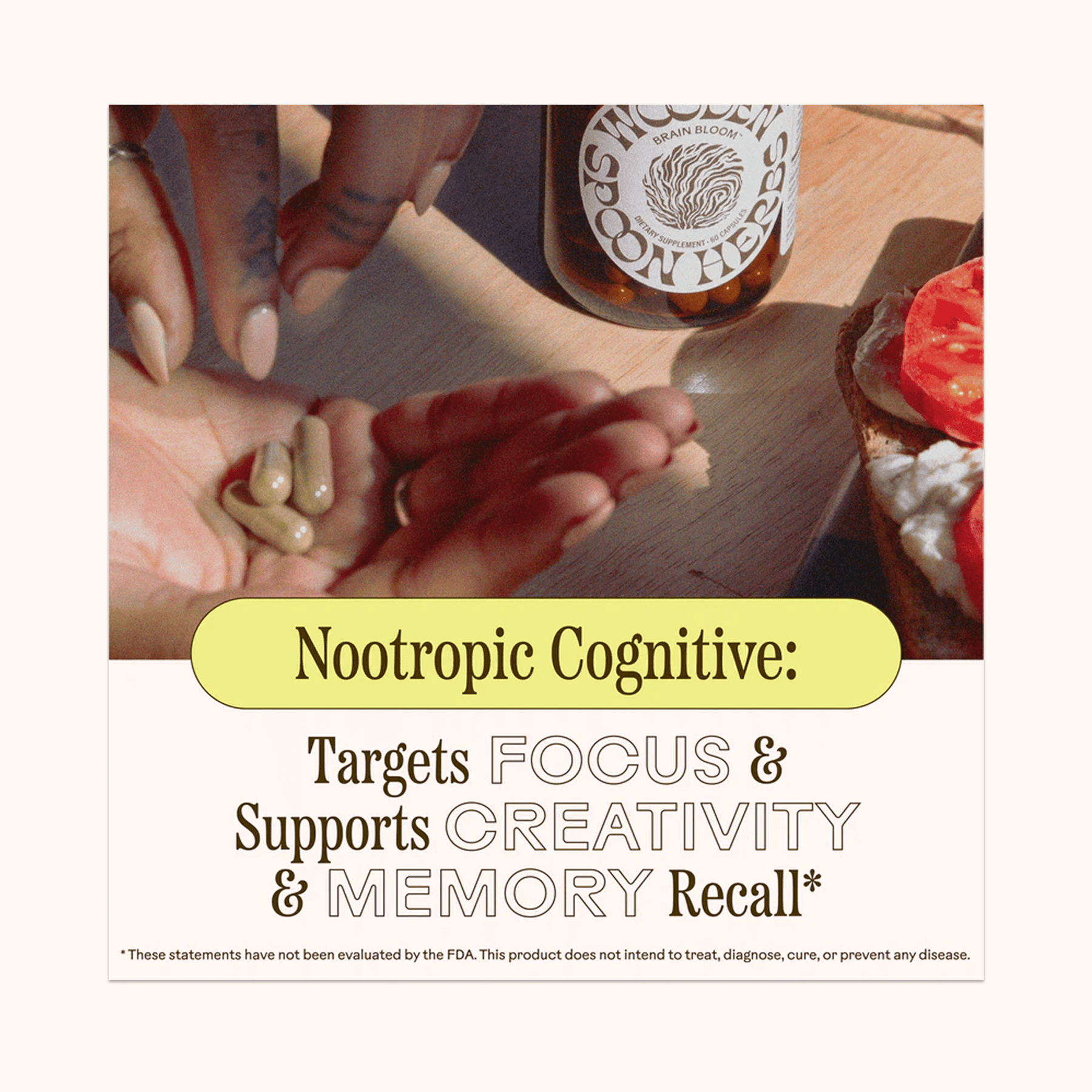 nootropic cognitive supplement with hands and a bottle in the background