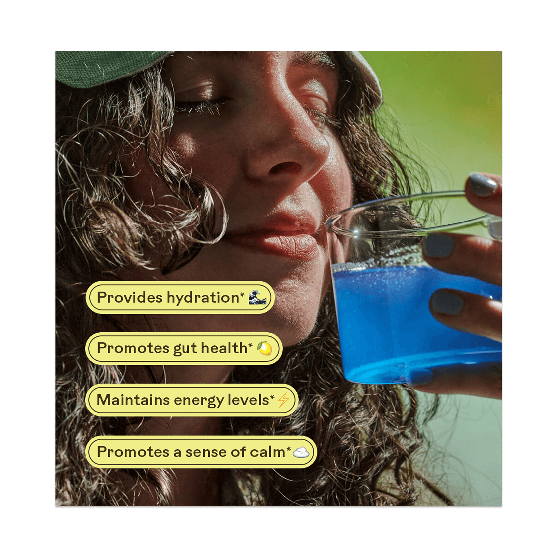 Person drinking Magic Magnesium with health benefits listed on screen